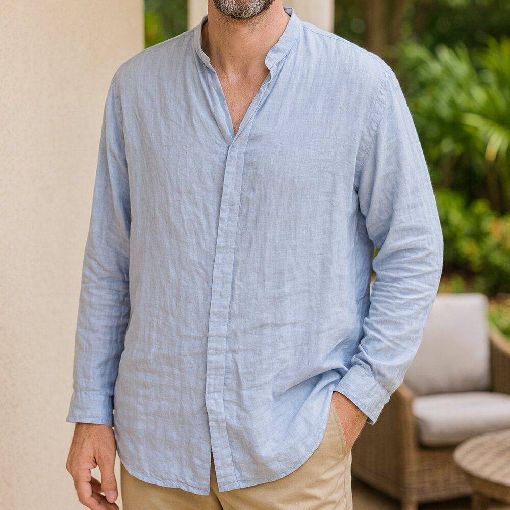 Baird McNutt Murano Mens 2XB Linen Shirt Light Blue Roll Tab Sleeve Button Up